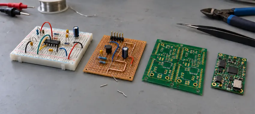Solderless breadboard, hand-soldered perfboard and custom PCB prototype boards on an ESD mat in an electronics lab