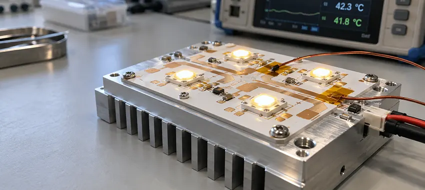 High-power LED modules illuminated on a ceramic PCB mounted on an aluminum heatsink during thermal testing